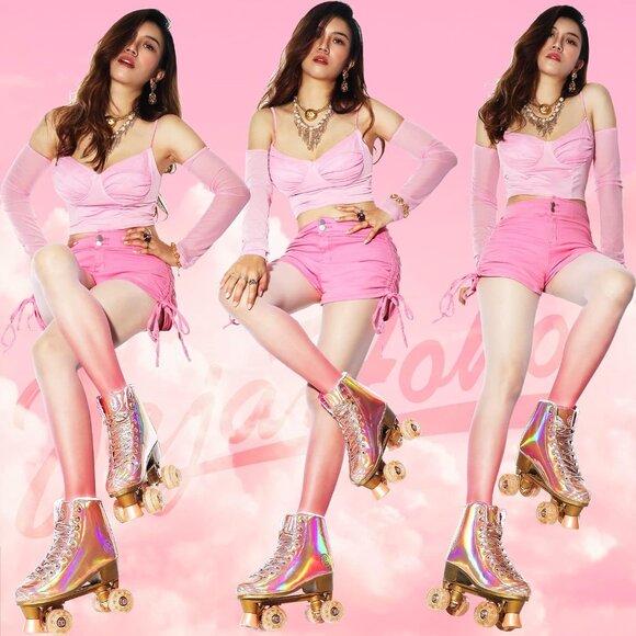 Women Rose Gold 1 Holographic High Top Pu Leather Four Wheels Roller Skates - Picture 4 of 8